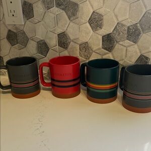 Pendleton Red and Teal Mugs with Multicolor Stripe Accents
